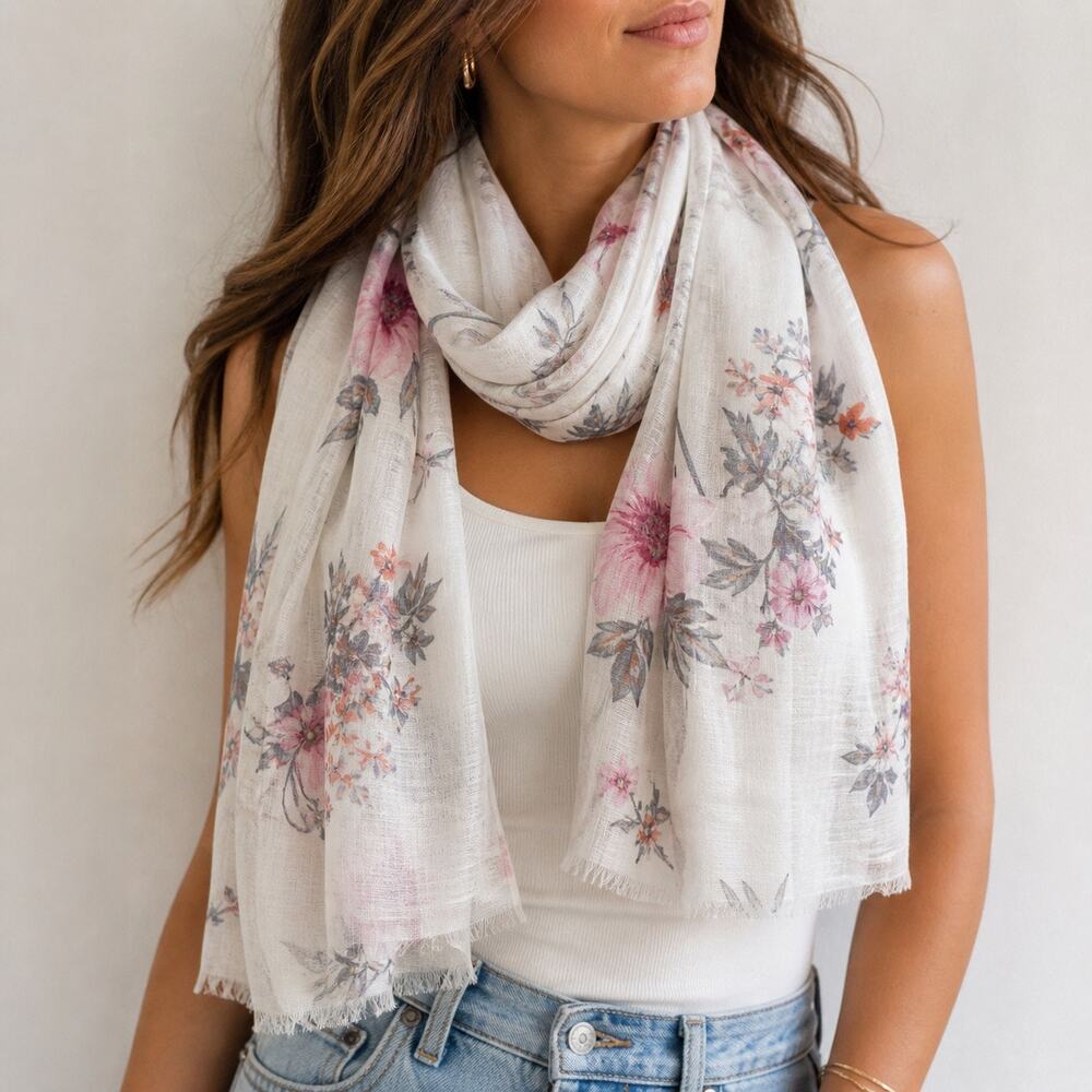 H&M White Pink Floral Lightweight Scarf